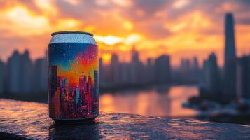 A colorful can sits on a wet ledge, capturing the brilliant hues of a sunset illuminating the city skyline in the background. Reflections shimmer on the water. photo