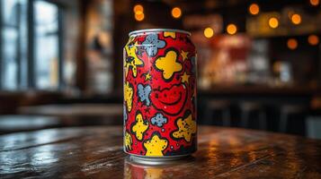 A vibrant beverage can with playful designs sits on a polished wooden table in a bustling nightlife setting. The warm glow of ambient lighting adds to the energetic atmosphere. photo