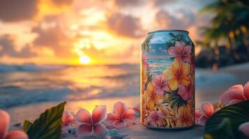 A vibrant beverage can rests on the sandy shore, adorned with tropical flowers. The sun sets over the ocean, casting warm hues, while gentle waves lap at the beach. photo