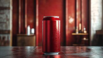 A bright red soda can is centered on a rustic wooden table. The background features warm tones and a minimalistic interior design, creating an inviting atmosphere. photo