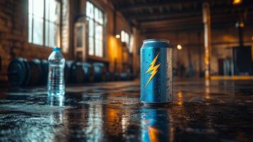 A vibrant can of drink stands prominently on a wet gym floor, with a water bottle nearby. Bright windows illuminate the strength training space filled with weights. photo