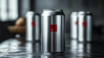 A collection of sleek silver aluminum cans is arranged on a dark surface, showcasing a simple red square design. The soft glow of early evening light enhances the minimalistic aesthetic. photo