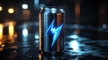 A metallic can of sparkling drink stands out with a striking blue lightning design. It is sitting on a wet surface, with ambient light creating a dramatic atmosphere at night. photo