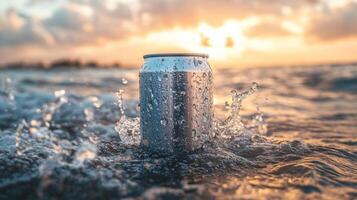 A silver can emerges from the waves, splashing water around it as the sun sets on the horizon, casting warm hues across the sky and reflecting on the ocean surface. photo