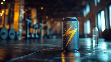 A can of energy drink sits on the floor of a gritty gym, displaying a vibrant lightning bolt design. Nearby, a water bottle and weights create a motivational atmosphere. photo