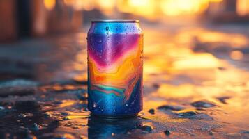 A vibrant can of drink featuring colorful abstract art stands on a wet surface. The golden hues of sunset create stunning reflections as droplets adorn the can. photo