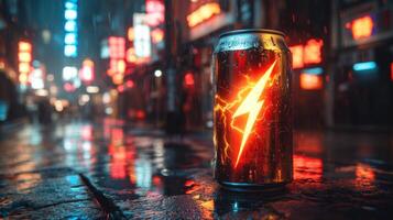 A shiny can stands out on a rain-soaked street at night, illuminated by colorful neon lights reflecting off the wet pavement in an urban environment. photo