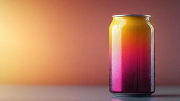 A cold can of beverage showcases a stunning gradient of yellow, orange, and pink hues. The can glistens with condensation, suggesting refreshment. photo