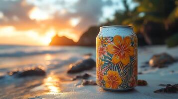 A decorated beverage can sits on the sandy shore, reflecting the sunset's warm colors. Waves gently lap at the beach, creating a serene atmosphere framed by tropical vegetation. photo