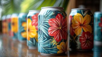 Brightly designed cans featuring tropical flower patterns are lined up on a wooden surface. The vibrant colors create a cheerful atmosphere, enhancing the lively environment of the space. photo