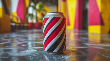 A beverage can features a striking striped design and rests on a glossy floor. The colorful background includes decorative elements adding to the lively atmosphere. photo