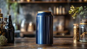 A sleek dark blue can is prominently placed on a wooden surface in a rustic bar setting. Surrounding plants and bottles enhance the warm, inviting ambiance of the space. photo