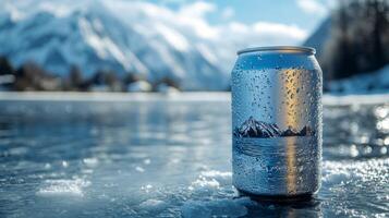 A can of cold drink stands on a frozen lake, covered in droplets, with majestic mountains and a clear blue sky creating a serene winter atmosphere. photo