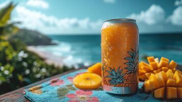 A vibrant canned beverage sits on a colorful towel beside freshly cut mango and a slice of pineapple, against a backdrop of a sunny beach and ocean waves. photo