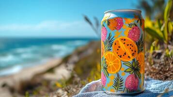 A vibrant beverage can decorated with fruits sits on a towel beside a picturesque beach. The bright ocean and sandy shore provide a refreshing background under a clear sky. photo