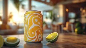 A vibrant can of citrus drink stands on a wooden table, accompanied by fresh lime halves, illuminating a bright indoor space with sunlight. photo
