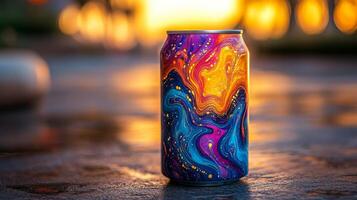 A colorful can stands prominently on a surface at sunset, showcasing an artistic design of swirling colors and sparkles. The warm glow of the sun enhances the visual appeal. photo