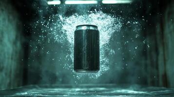 A black can of beverage hovers above a surface, surrounded by splashing water and mist. Glowing lights create a dramatic atmosphere in a dark setting, highlighting the can's design. photo
