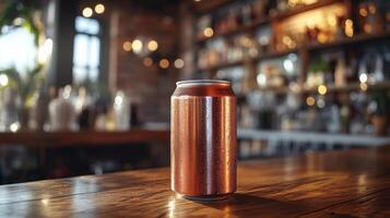 A chilled beverage can stands on a polished wooden table in a modern bar. Warm, ambient lighting and a backdrop of shelves create an inviting atmosphere for guests. photo