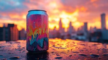 A bright can sits on a wet surface, glistening under droplets of water. The backdrop features a beautiful sunset illuminating a city skyline in warm hues during dusk. photo
