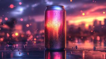 A beverage can stands on a wet surface, capturing a stunning reflection of a vibrant sunset and city skyline, with droplets accentuating the colorful scene. photo