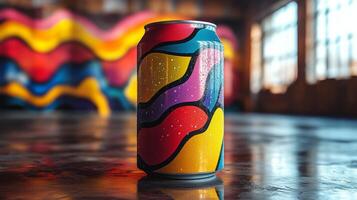A uniquely designed beverage can stands upright, showcasing a vivid pattern. In the background, an artistic mural with bold colors adds to the dynamic atmosphere of the studio. photo