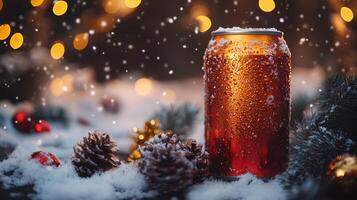 A metallic beverage can sits on a snowy surface, surrounded by pine cones and festive ornaments. Soft lights twinkle in the background, highlighting a winter celebration atmosphere. photo