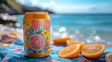 A vibrant drink can featuring floral and fruit designs sits on a colorful towel at the beach. Juicy orange slices are scattered nearby, with ocean waves gently lapping at the shore. photo