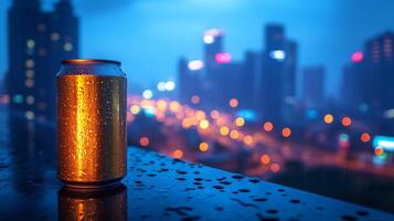 A cold can rests on a wet ledge during a rainy evening. The city skyline glows in the background, illuminated with colorful lights and soft rain. photo