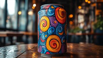 A vibrant can with swirling patterns displays artistic colors on a wooden table in a cozy urban cafe. Dim lighting enhances the creative ambiance of the evening setting. photo