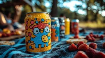 Brightly colored soda cans with playful designs are placed on a vibrant picnic blanket surrounded by fresh berries. Friends enjoy a relaxing day in the sun. photo
