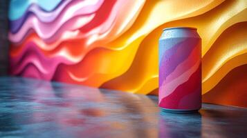 A can with a colorful design stands on a table in front of a vibrant wave mural, showcasing artistic expression and urban culture during daylight. photo