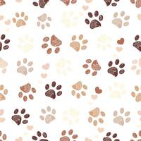 Brown colored doodle paw prints and hearts seamless fabric design pattern vector