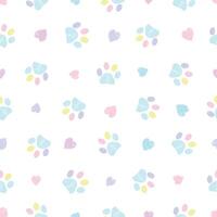 Pastel hand drawn hearts and paw prints. Seamless fabric design pattern vector
