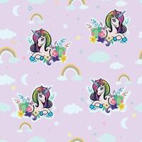 Unicorn pattern with flowers lilac background vector
