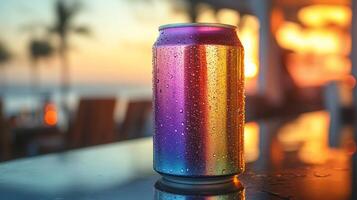 A colorful beverage can glistens with condensation as the sun sets over the ocean, creating a vibrant backdrop of warm colors. The scene captures relaxation at a beachside setting. photo