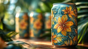 A vibrant beverage can with tropical flower designs rests on a wooden surface, surrounded by green foliage and sunlight, creating a refreshing vibe. photo