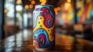 A vividly designed can of beverage stands on a polished wooden table inside a creatively decorated cafe. Bright lights and colorful patterns adorn the walls, enhancing the lively atmosphere. photo