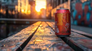 A vibrant sun sets behind urban buildings, illuminating a can with droplets on a rustic wooden bench, the atmosphere is tranquil yet lively, capturing the essence of city life. photo