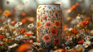 A can featuring intricate floral patterns stands out amidst a field of blooming wildflowers. This lively spring setting showcases abundant colors and textures. photo
