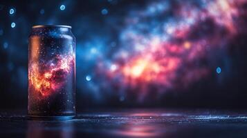 A can featuring a vibrant cosmic design is displayed prominently on a reflective surface. The background showcases swirling galaxy patterns in rich colors, enhancing the artistic ambiance. photo