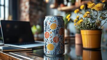 A decorative beverage can rests on a glossy wooden table in a cozy cafe. Nearby, a laptop and a pot of yellow flowers add to the inviting atmosphere of the space. photo