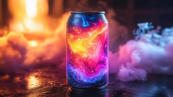 A vibrant can featuring a galaxy pattern stands against a backdrop of warm light and wisps of smoke. The design creates a striking visual contrast, enhancing the artistic atmosphere. photo