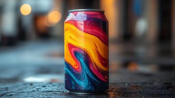 A beautifully designed beverage can featuring bright swirling colors sits on a wet urban surface. The background shows soft bokeh lights as dusk settles in, creating a lively atmosphere. photo
