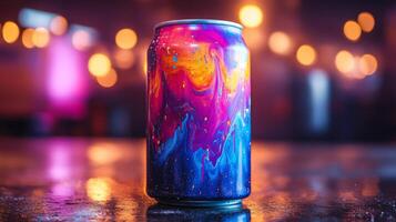 A vibrant beverage can with artistic swirling patterns stands on a reflective surface. Blurred colorful lights create a lively atmosphere, highlighting its unique design. photo