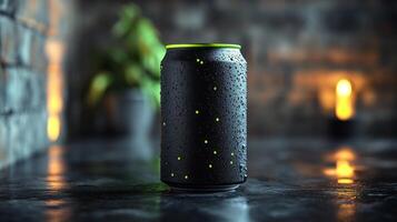 A distinctive black can adorned with bright spots rests on a reflective surface. The background features warm, soft lighting and hints of greenery, creating a tranquil atmosphere. photo