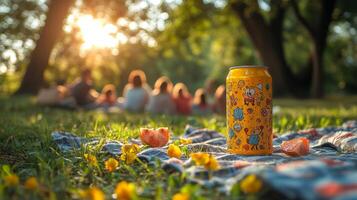 A colorful can sits on a checkered blanket, surrounded by fruit and flowers, while friends enjoy a sunny day together in the park, laughing and relaxing. photo