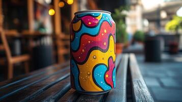A vibrant beverage can featuring a swirl design rests on a wooden table. The setting includes outdoor seating and greenery, showcasing a lively atmosphere. photo