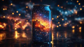 A striking can showcases an artistic cosmic design reminiscent of a galaxy, placed on a reflective surface surrounded by vibrant bokeh lights at night. photo