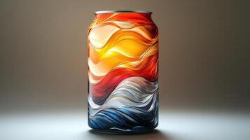 A uniquely designed beverage can displays mesmerizing swirls of vibrant colors, including red, orange, and blue, against a soft-lit background. The interplay of hues highlights artistic craftsmanship. photo